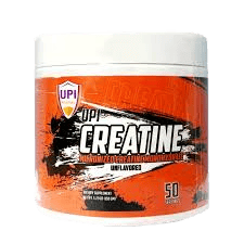 صورة لعبوة UPI Creatine Monohydrate 50serv مع إبراز فوائده في زيادة الأداء الرياضي.