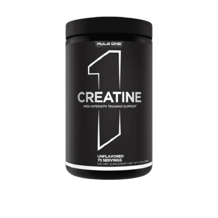 A black container of Rule 1 Creatine with 75 servings, unflavored, featuring a side tag labeled "NEW LOOK".