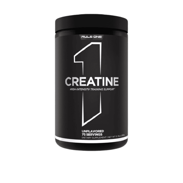 A black container of Rule 1 Creatine with 75 servings, unflavored, featuring a side tag labeled "NEW LOOK".