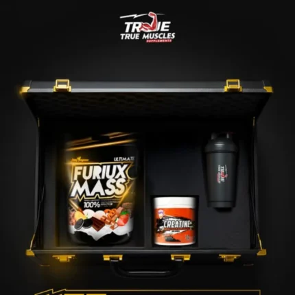 عبوة Furiux Mass Gainer بجانب كرياتين UPI وشاكر رياضي